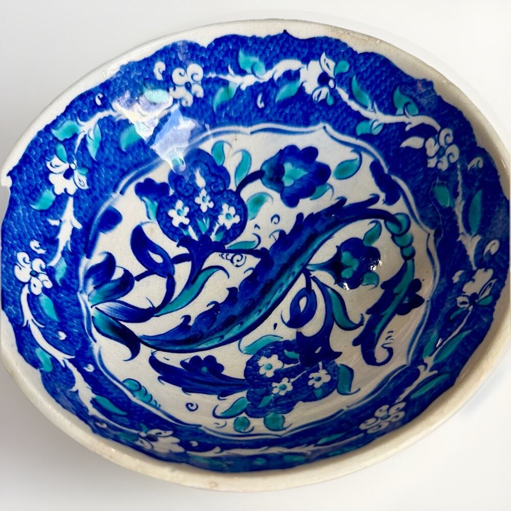 Handmade 6” Turkish Blue Iznik Carnation Ceramic Bowl Turkey Floral Motif